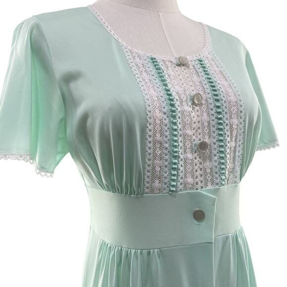 Vintage 70s Boho KOMAR Mint Green Nylon Lacy Bodice Maxi Dress Nightgown Size S - Picture 7 of 10